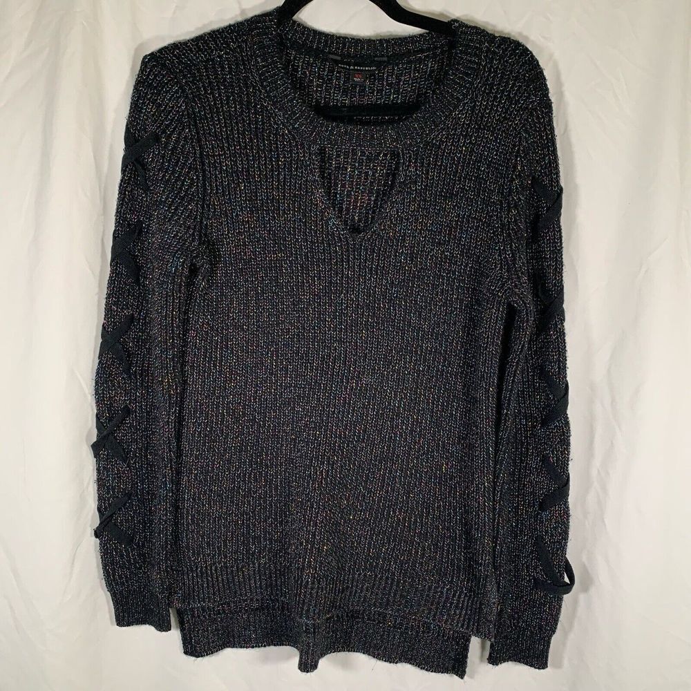 Rock & Republic Sweater Womens XS Black Metallic Knit Long Sleeve Vneck